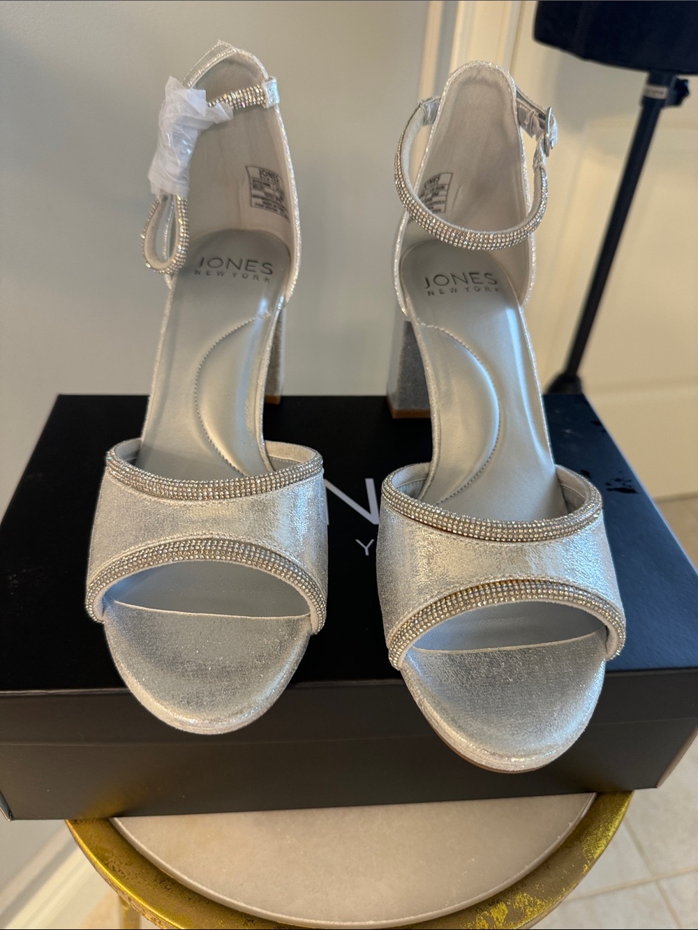 Jones New York Metallic Silver Rhinestone Block Heel Sandals